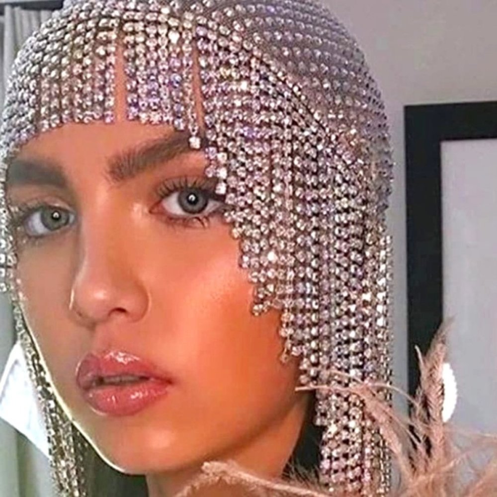 Crystal Tassel Hair Chain Head for Women Backside Forehead Flapper Cap Headband